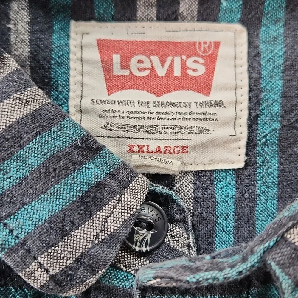 Levis Men's Abbey linen blend striped shirt casual button down teal grey 2XL XXL